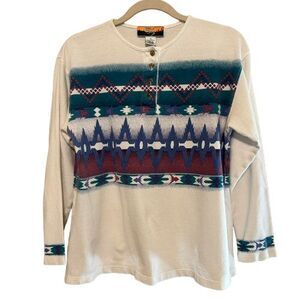 VTG Cripple Creek Henley Top Womens Medium White Aztec Southwestern 100% Cotton